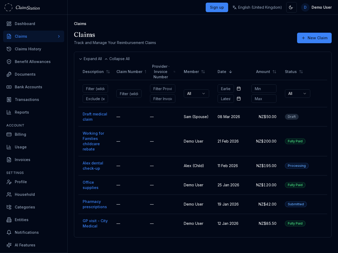 ClaimStation claims list